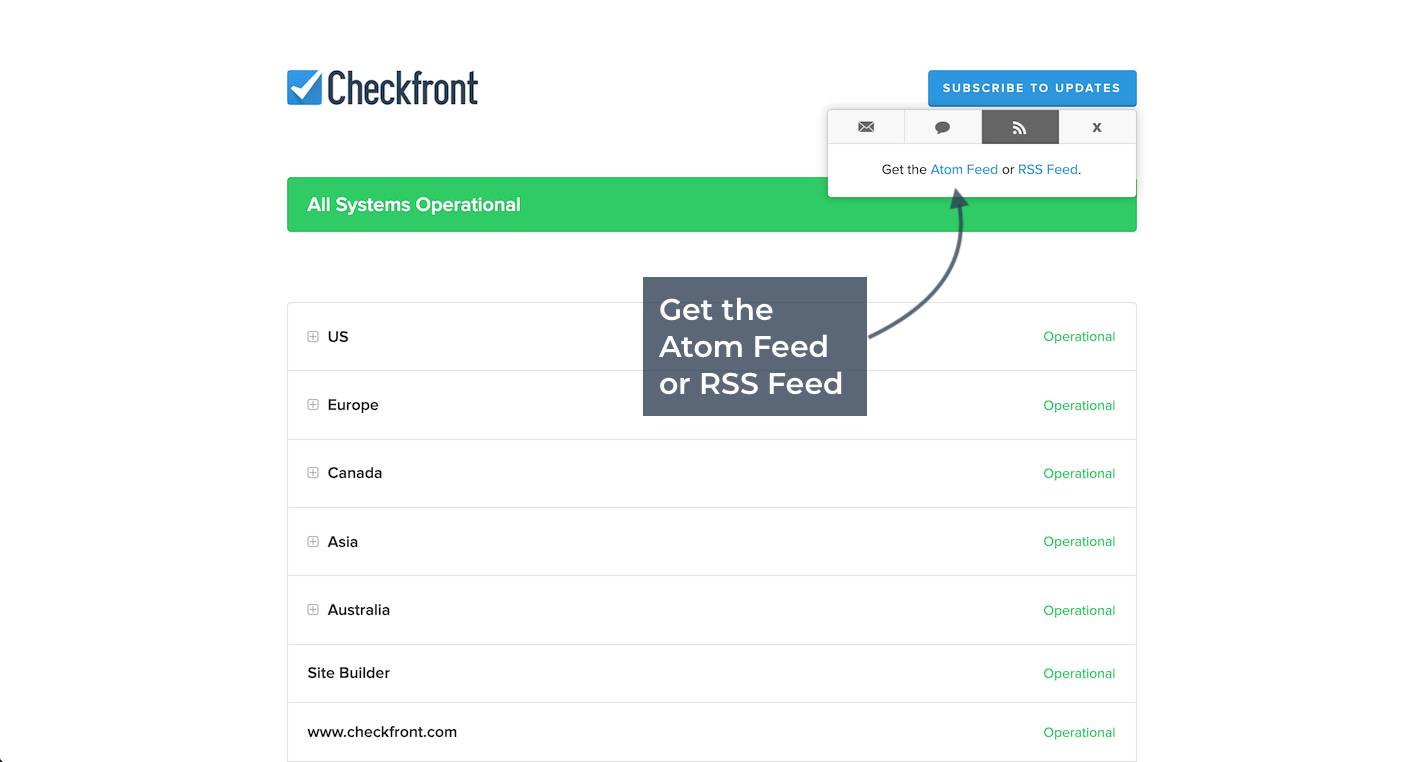 Checkfront system status page showing the Atom Feed or RSS Feed option highlighted.