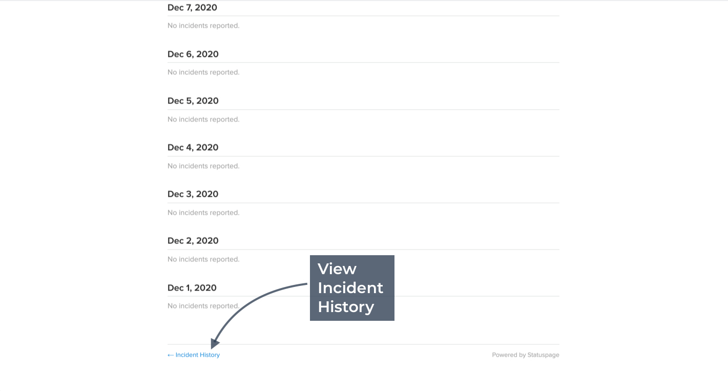Checkfront status history page highlighting the View Incident History link at the bottom.