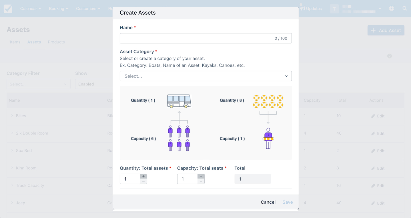 Create Assets panel with fields for name, asset category, quantity, and capacity including visual diagrams of asset distribution.