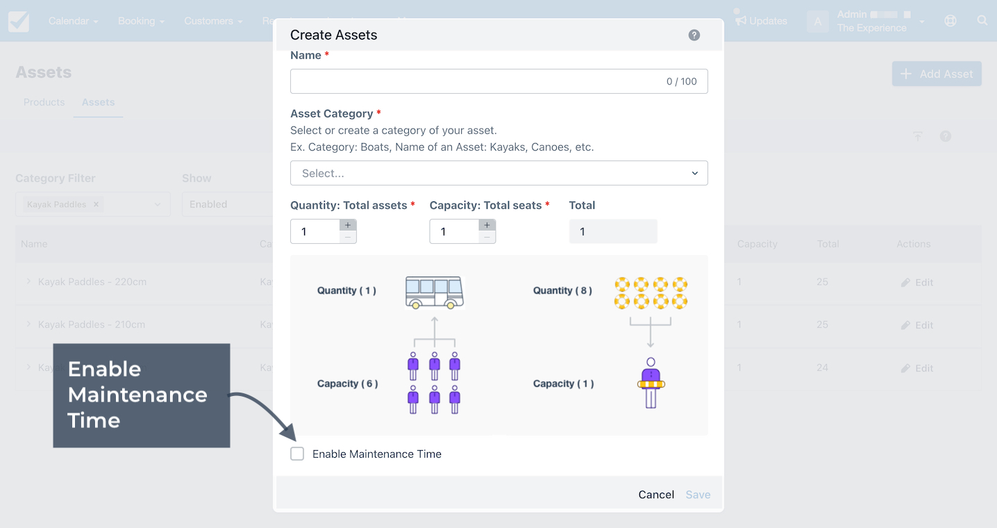 Create Assets panel with Enable Maintenance Time option highlighted for scheduling downtime on assets.