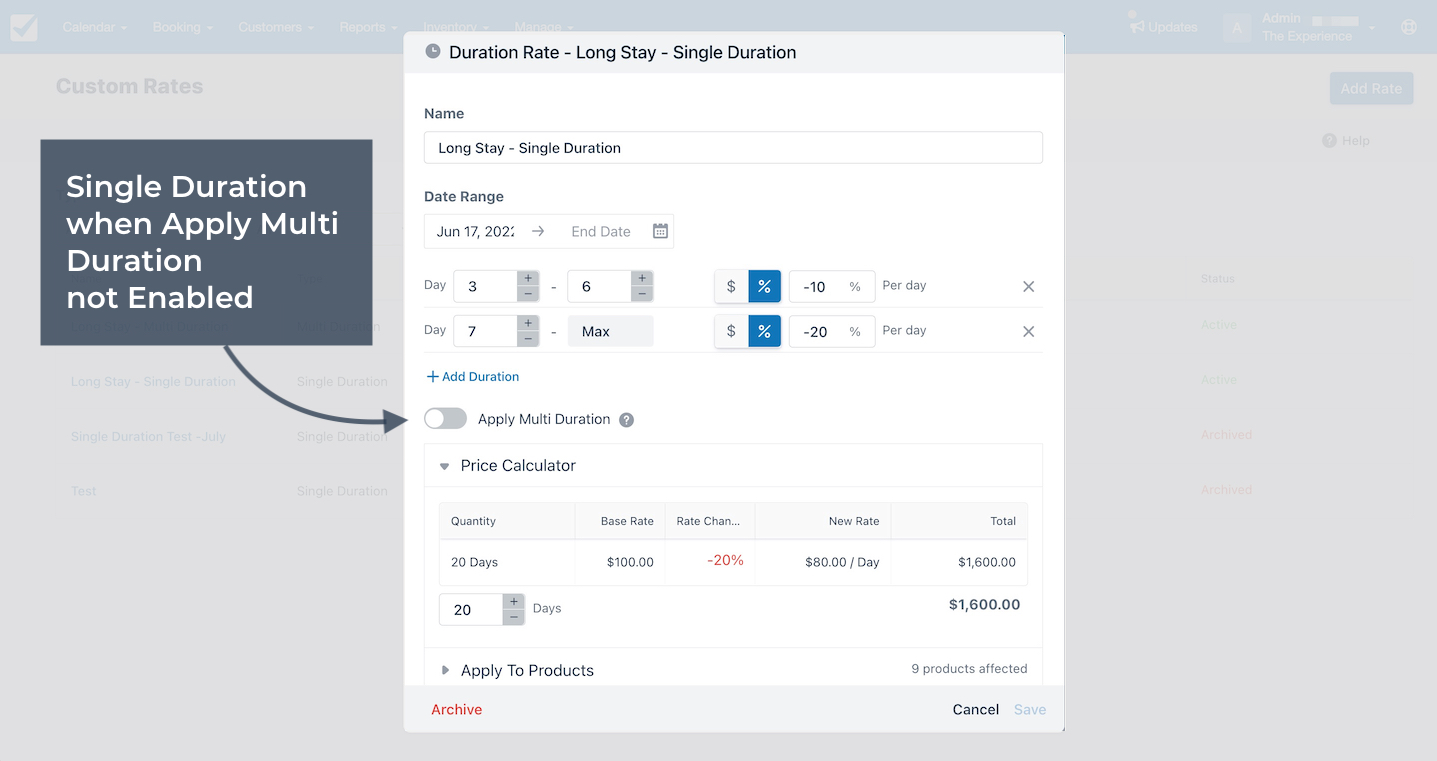 Custom rate editor showing single duration configuration when Apply Multi Duration is not enabled.