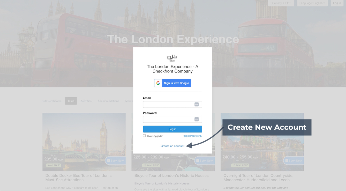 Login page for The London Experience highlighting the Create New Account option.