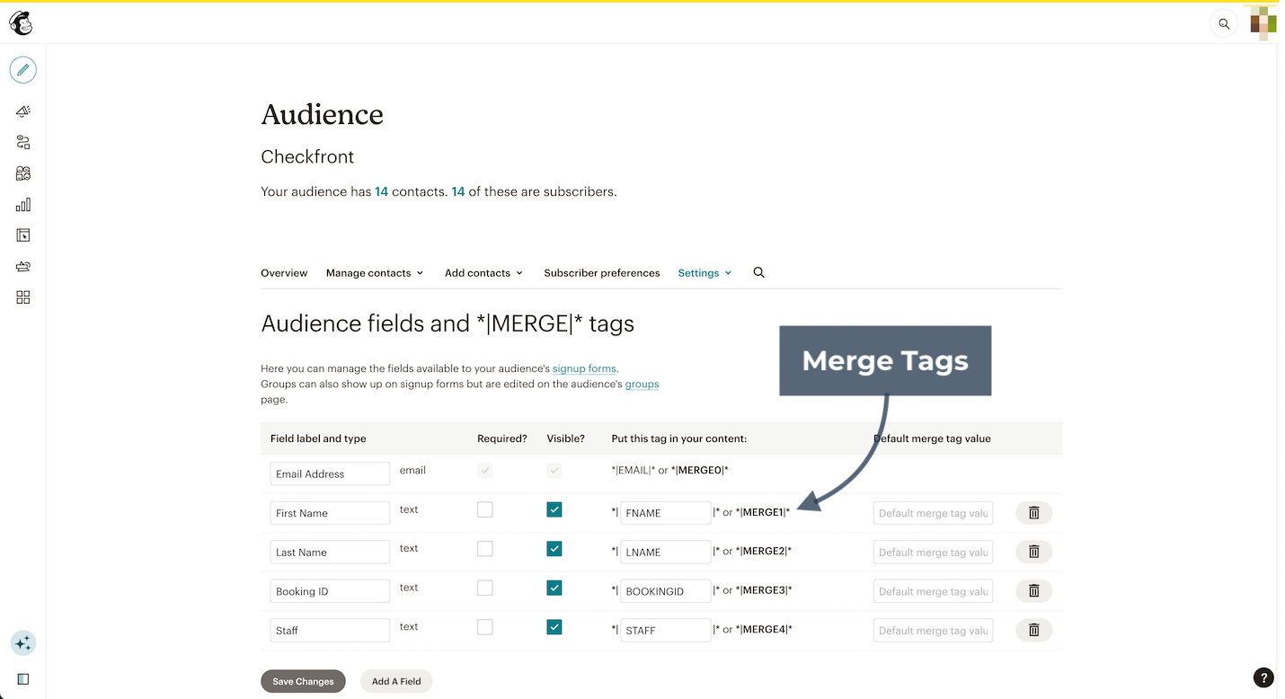 Mailchimp audience fields and merge tags page showing editable merge tag options for contact fields.