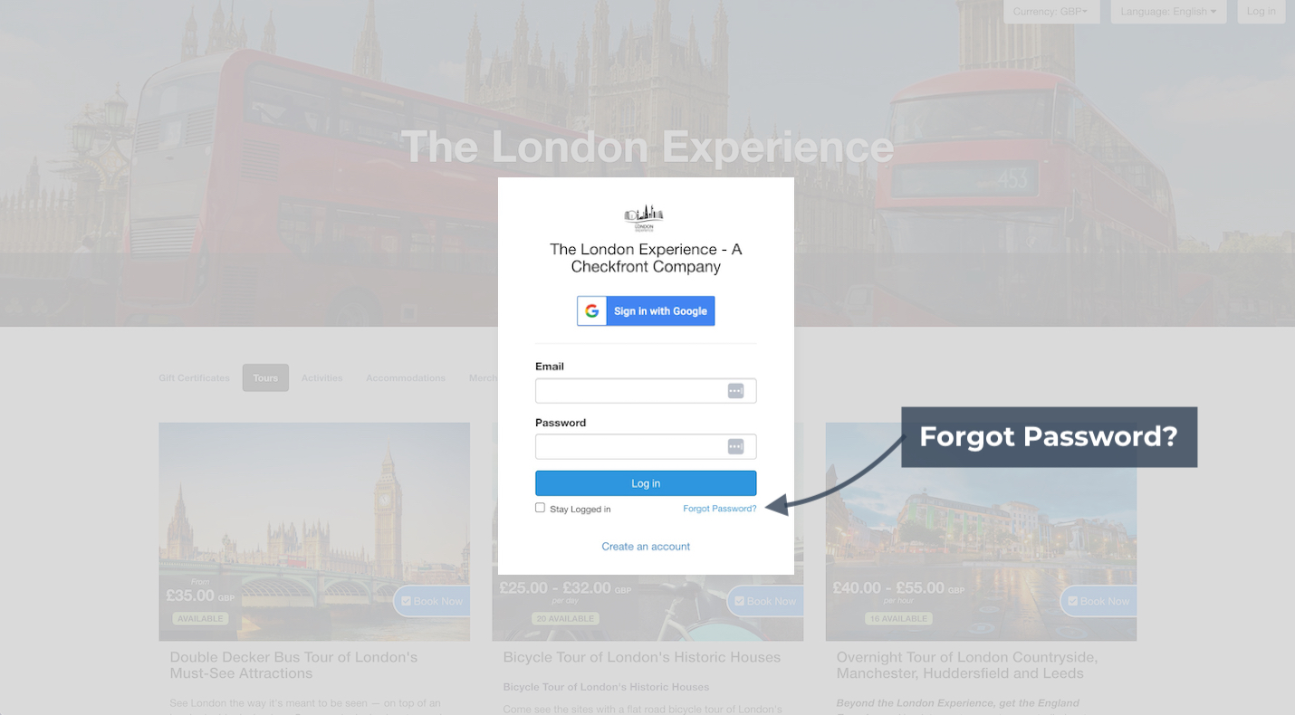 Login page for The London Experience highlighting the Forgot Password link option.