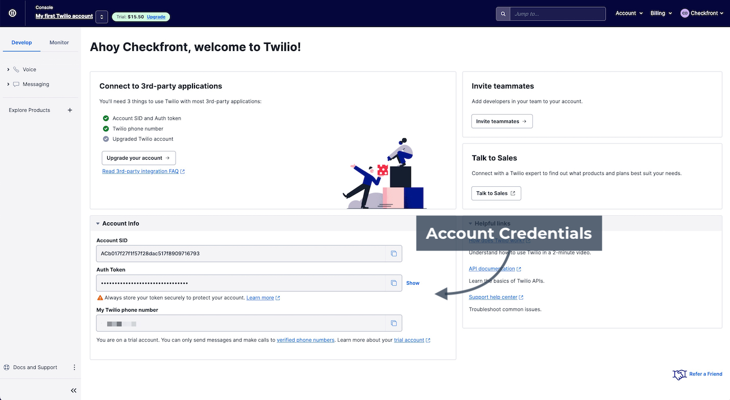 Twilio account dashboard showing account credentials section with Account SID, Auth Token, and phone number for integration setup.