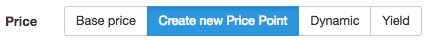 Price settings with create new price point option selected alongside base price, dynamic, and yield options.