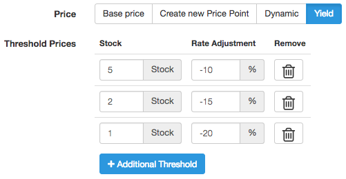 Yield pricing table showing threshold prices with stock levels of 5, 2, and 1 each having rate adjustments of -10, -15, and -20 percent and options to remove or add thresholds.