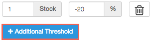 Form with stock threshold fields showing stock set to 1, rate adjustment of -20 percent, a delete icon, and a highlighted button to add an additional threshold.