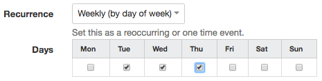 Recurrence settings showing weekly option with selected days Wednesday and Thursday for scheduling an event.