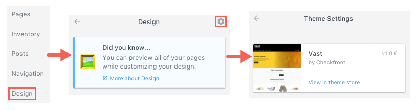 Design settings navigation showing steps to access theme settings with an arrow pointing from the design tab to the Vast theme.
