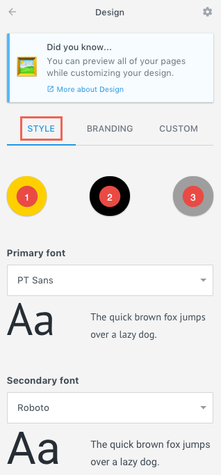 Design style settings showing font selections, sample text, and color palette options.