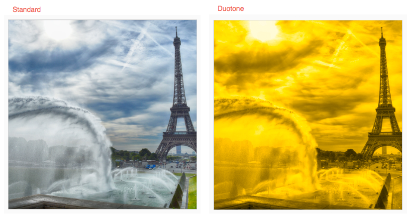Comparison of standard and duotone image effects applied to a photo of the Eiffel Tower with fountain.