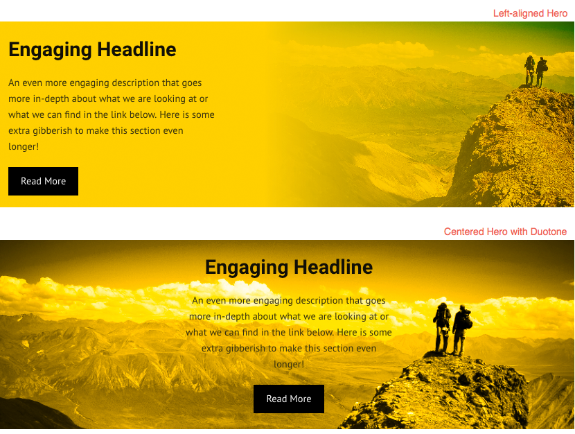 Website hero section examples showing left-aligned text and centered text with duotone background images.
