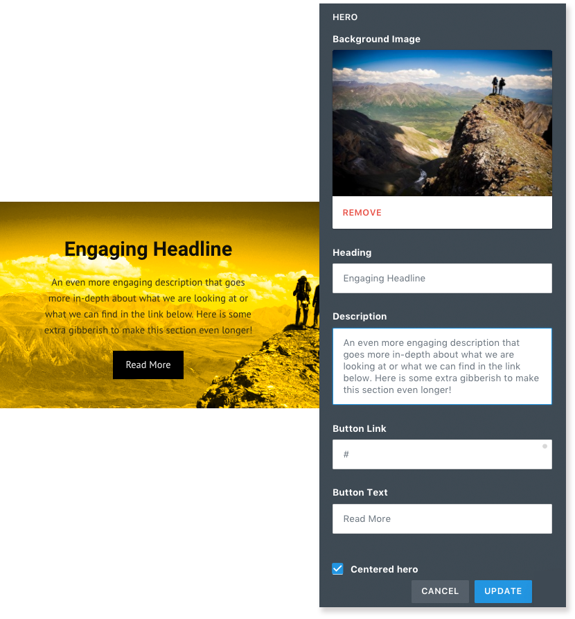 Hero editor with background image, heading, description, button link, and button text fields alongside a preview of the hero section.