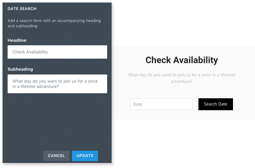 Date search editor with a headline and subheading input fields and a preview of the search form on the site.