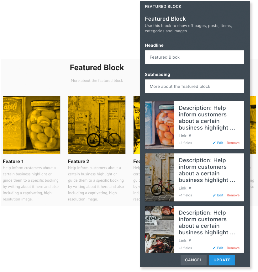 Featured block editor with images and text options alongside preview of yellow-toned feature cards.