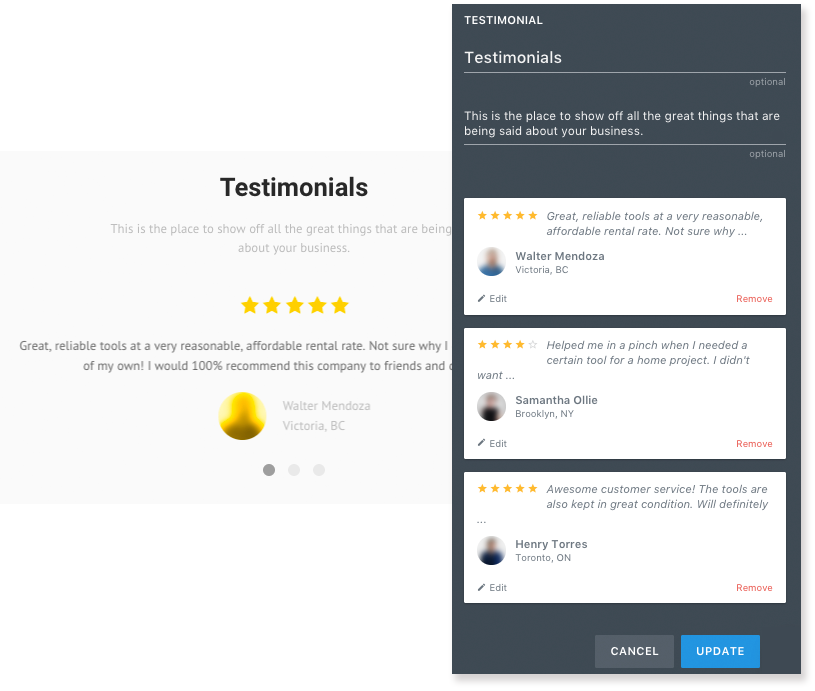Testimonial editor showing a five star review displayed on the site with additional customer reviews listed in the settings panel.