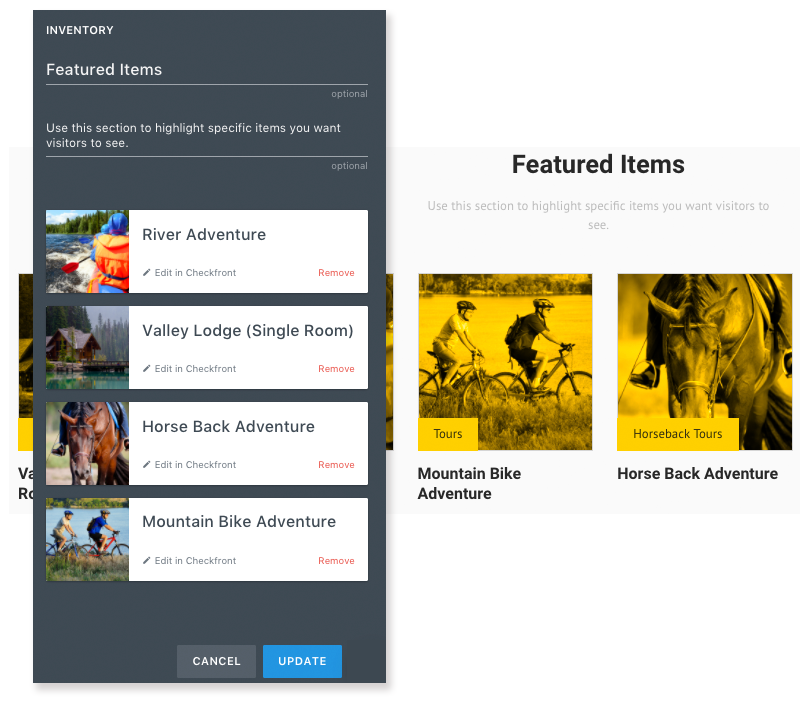 Inventory featured items editor showing adventure activities and lodging options with preview section.