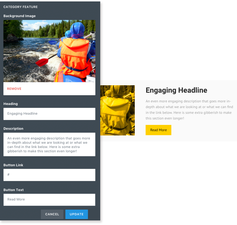 Category feature editor with background image of person kayaking and section preview with engaging headline.