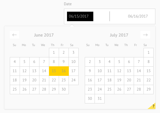 Calendar date picker with selected date range highlighted in black and yellow.