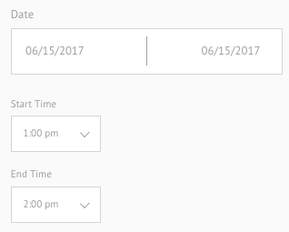 Date and time selection fields with start and end times set to 1:00 pm and 2:00 pm.