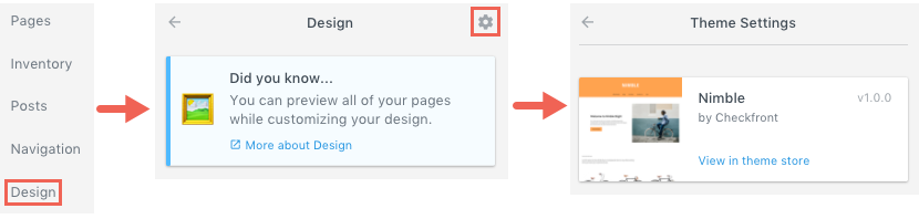 Navigation from Design settings to Theme Settings showing the active theme Nimble with option to view in theme store.