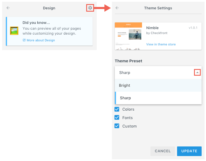 Theme Settings panel showing theme preset options Bright and Sharp with checkboxes for colors, fonts, and custom settings.
