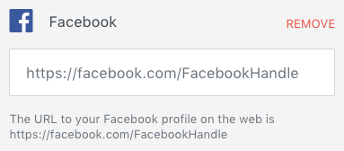 Facebook integration setup with profile URL field and option to remove the connection.