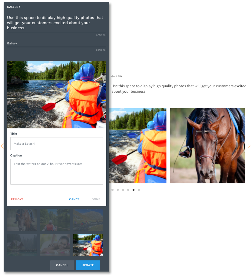 Gallery editor showing how to add images with title and caption to display high quality photos on a webpage.