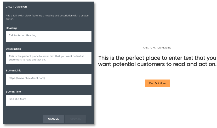 Call to Action block setup with fields for heading, description, button link, and button text, previewing a sample button.