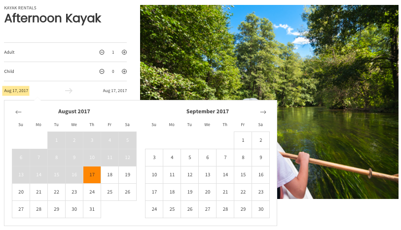 Kayak rental booking form with calendar date selection, guest options, and activity image.