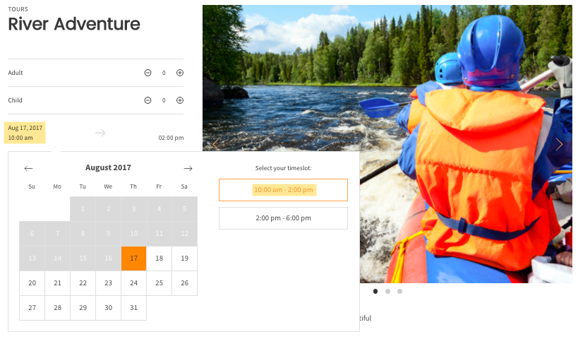 River Adventure booking form with date, time selection, and available timeslot alongside an image of rafting on a river.