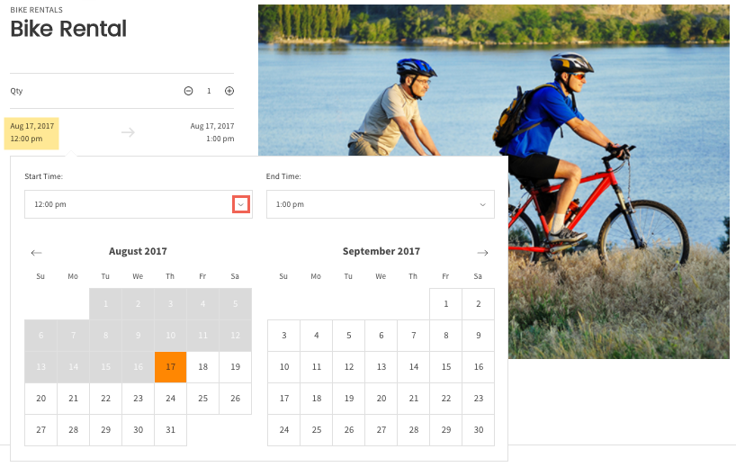 Bike rental booking form with date, start and end time selection, and calendar alongside an image of cyclists by the water.