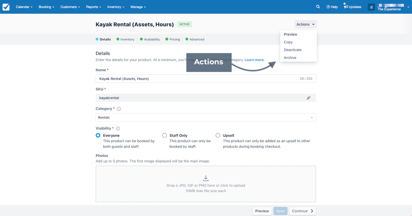 Product details page for kayak rental with the actions menu open showing preview, copy, deactivate, and archive options.