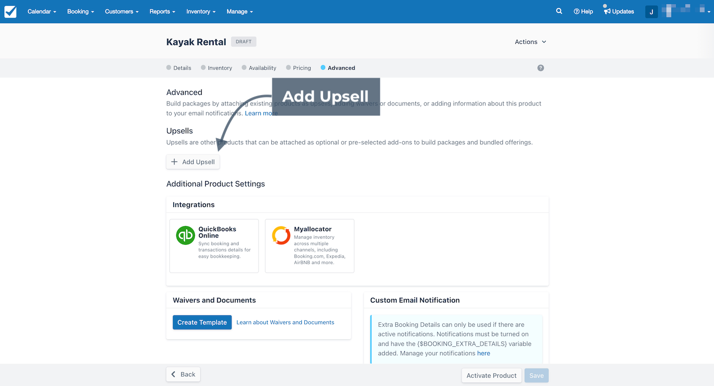 Kayak Rental product Advanced tab with arrow pointing to Add Upsell button under the Upsells section.