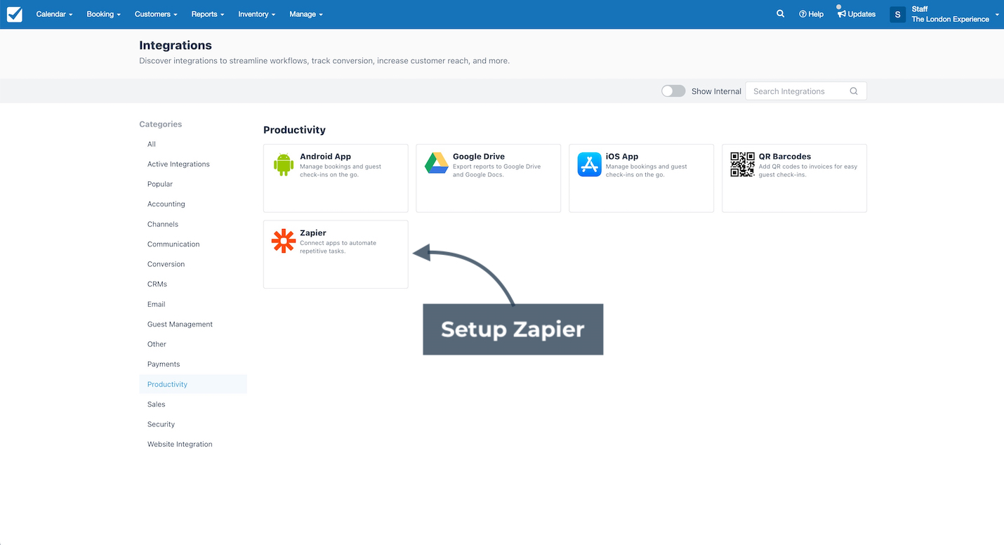 Integrations page in Checkfront highlighting the Zapier option under Productivity with an arrow labeled Setup Zapier.