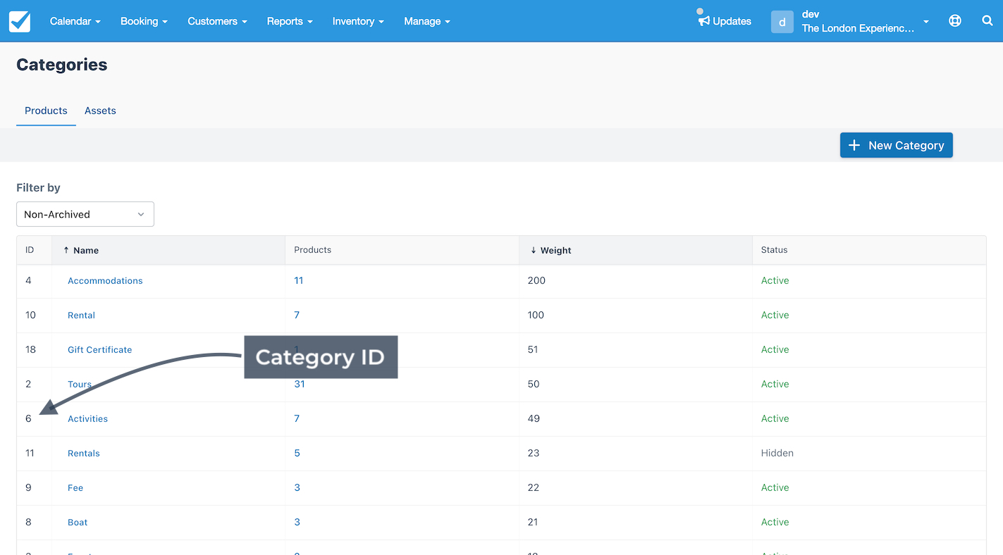 Categories list in products view highlighting category ID numbers for tracking and organizing products.