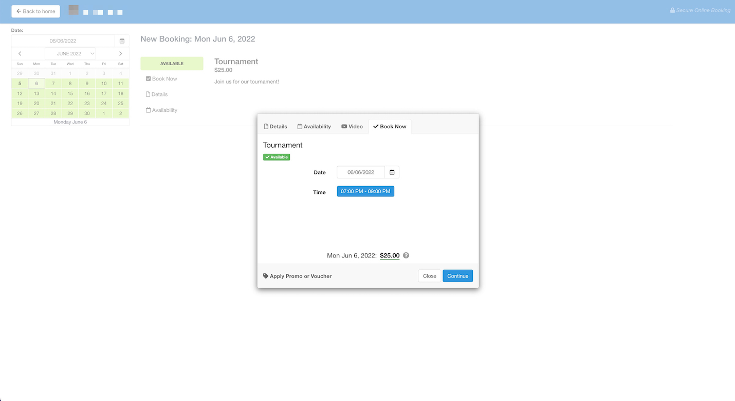 Booking page showing tournament item selected with date and time displayed in booking window.