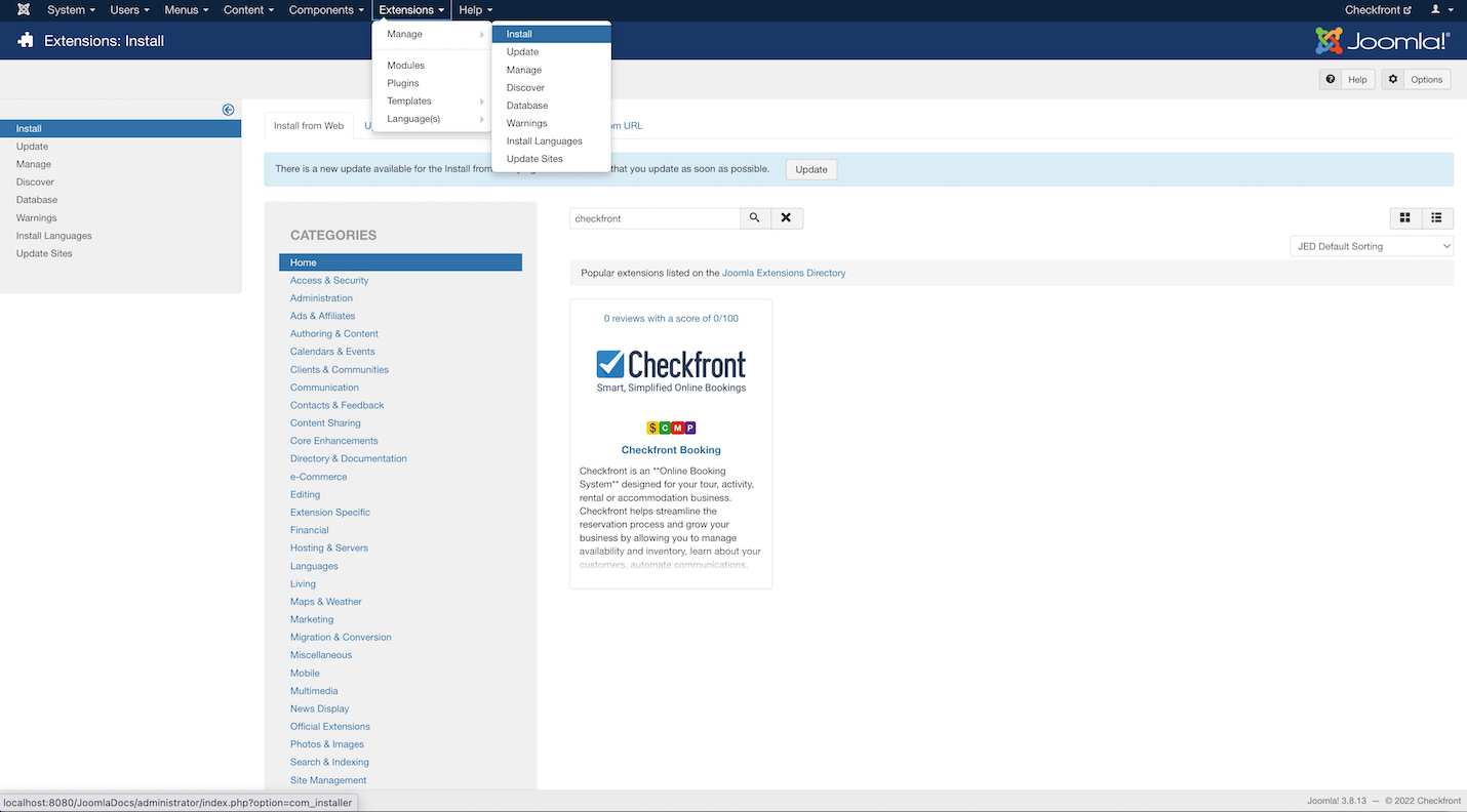 Joomla extensions installation page with the Checkfront Booking plugin displayed in search results.