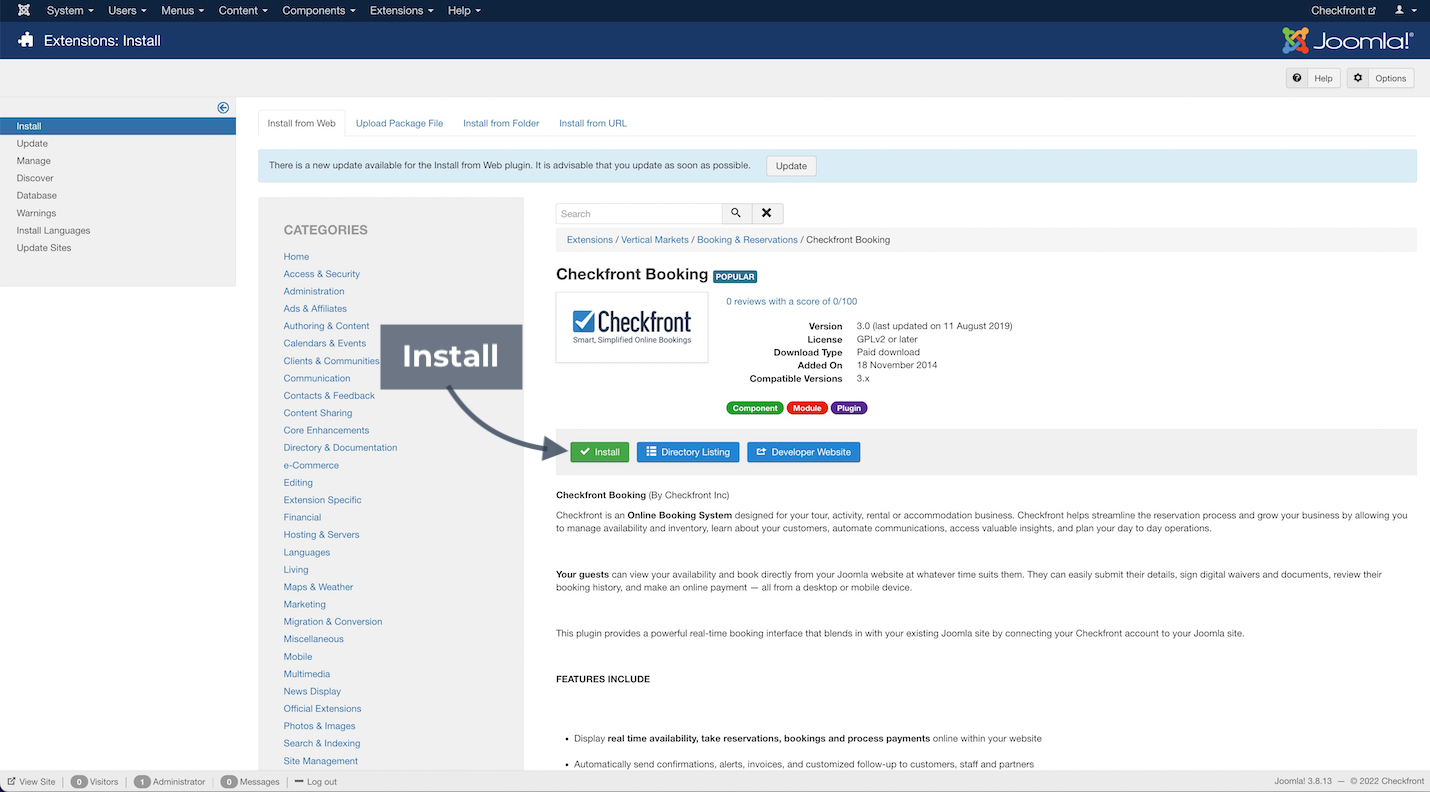 Joomla extension details page showing Checkfront Booking plugin with arrow pointing to the install button.