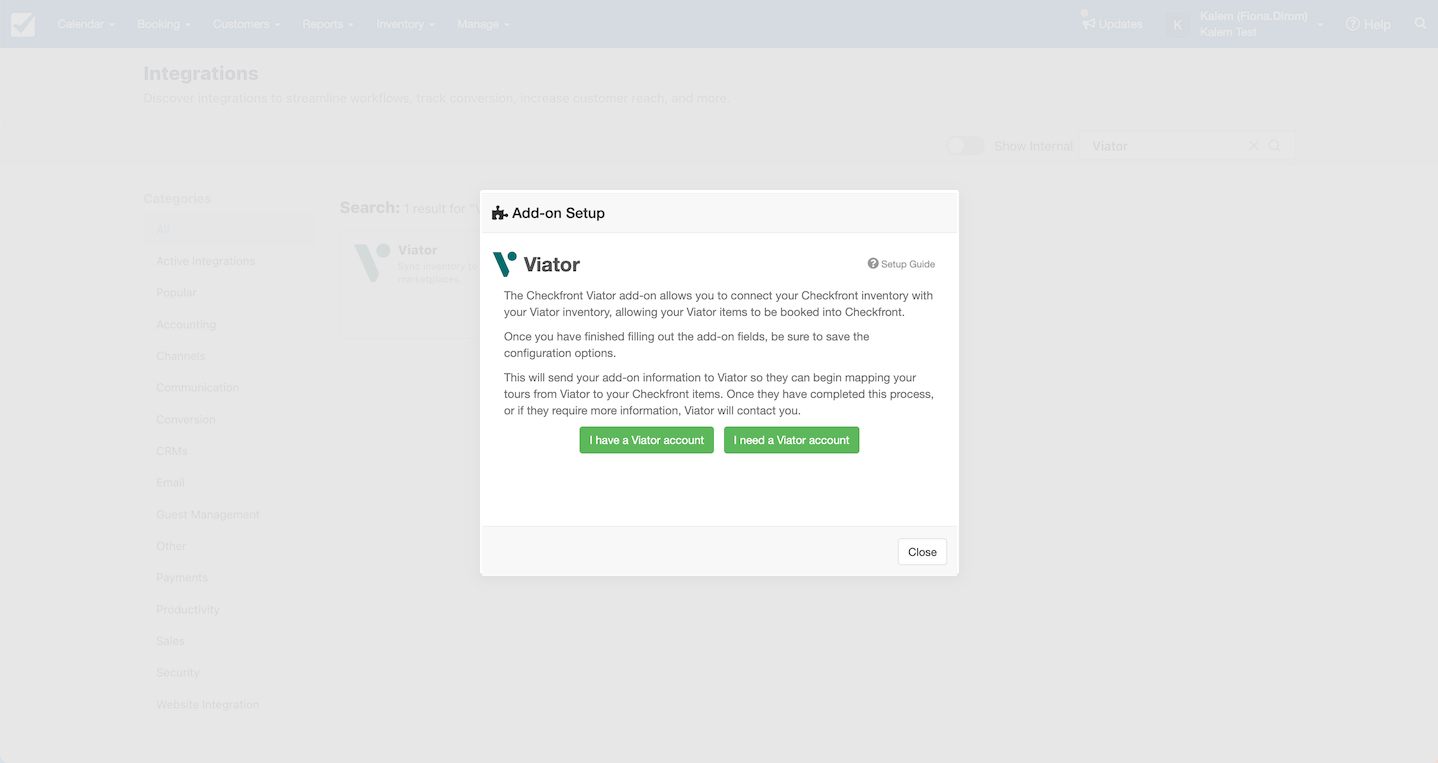 Viator add-on setup window explaining how to connect Checkfront inventory with Viator and offering account selection buttons.