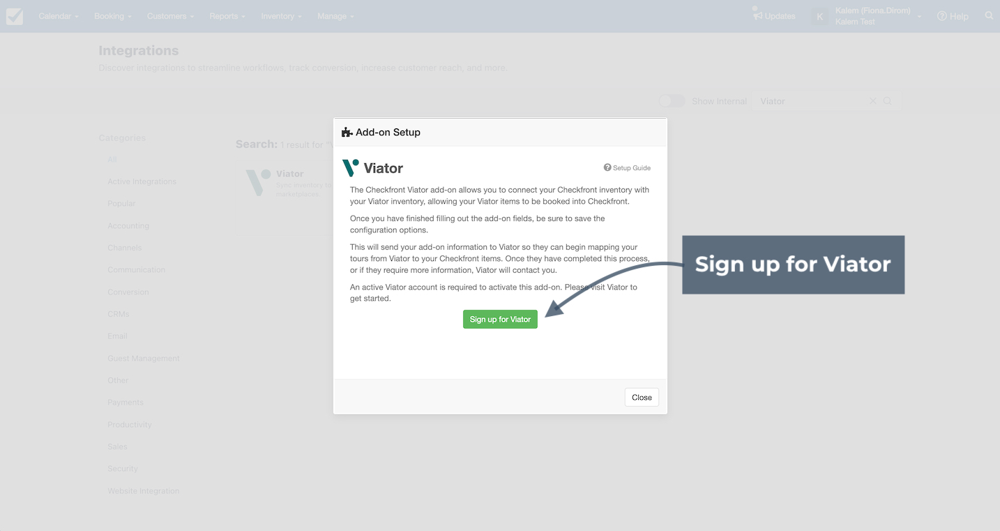 Viator add-on setup window prompting the user to sign up for a Viator account before completing integration.