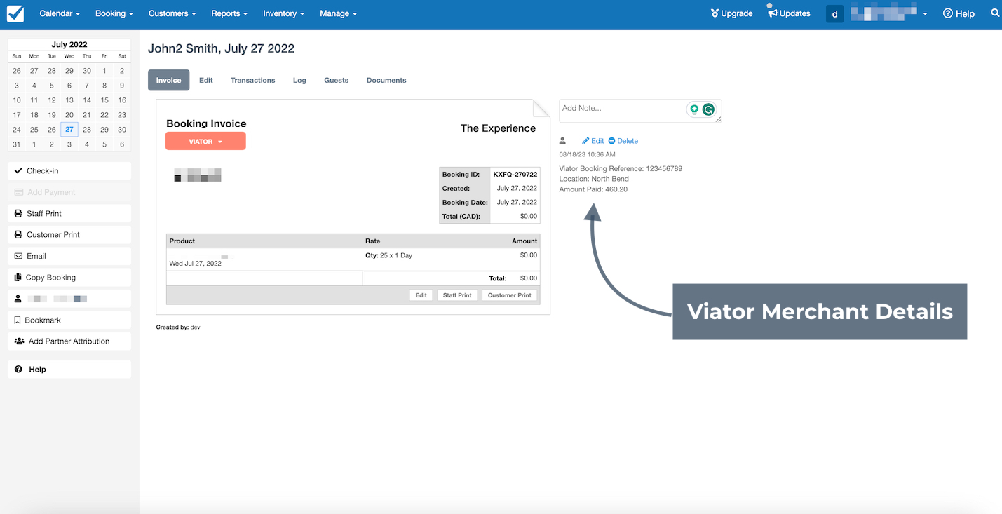 Booking invoice page in Checkfront showing Viator merchant details including booking reference, location, and payment amount.