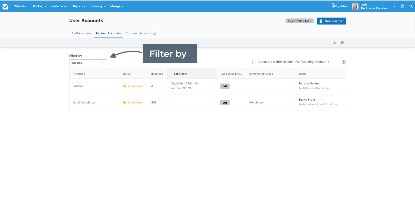 The Partner Accounts page includes a filter dropdown to sort accounts by status or availability.