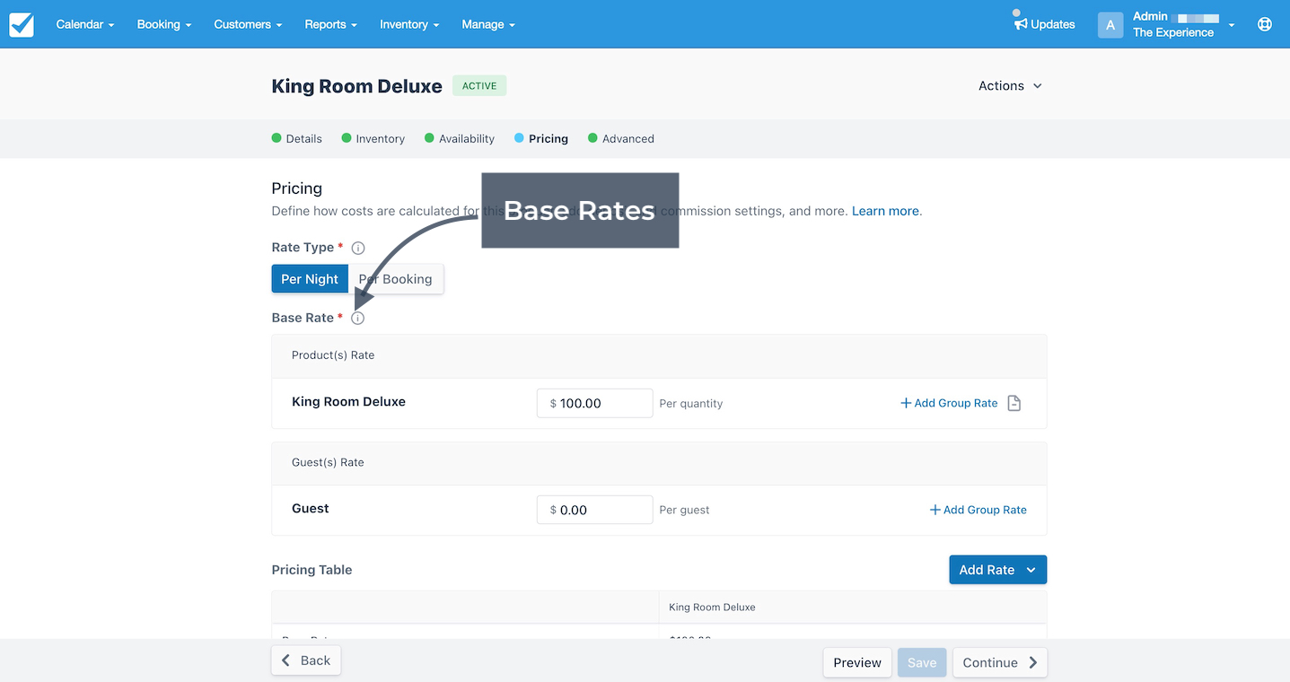 Pricing setup for King Room Deluxe highlighting base rate configured per night at 100 dollars.