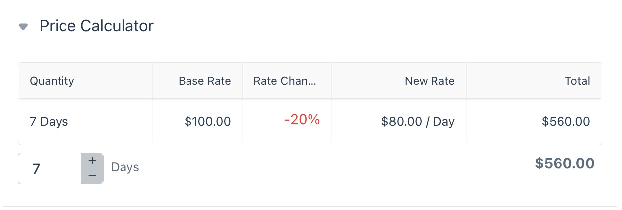 Price calculator showing seven days quantity with a twenty percent discount applied for a new rate of 80 dollars per day and total of 560 dollars.