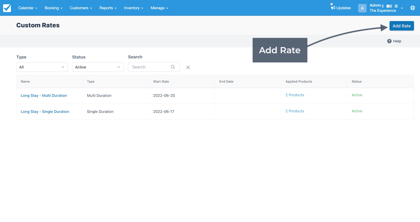 Custom Rates page highlighting Add Rate button for creating a new rate.