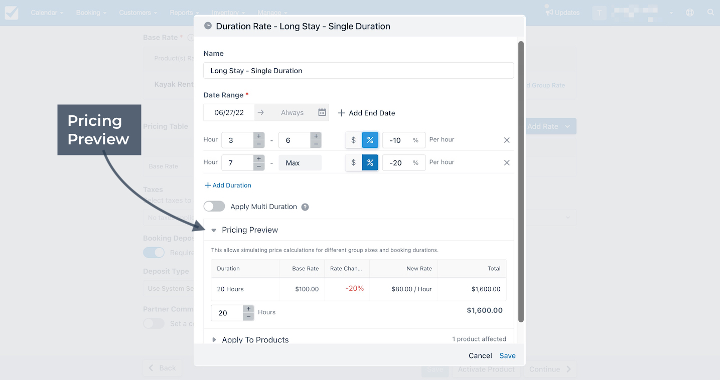 Custom rate editor highlighting Pricing Preview section showing simulated rate calculations.