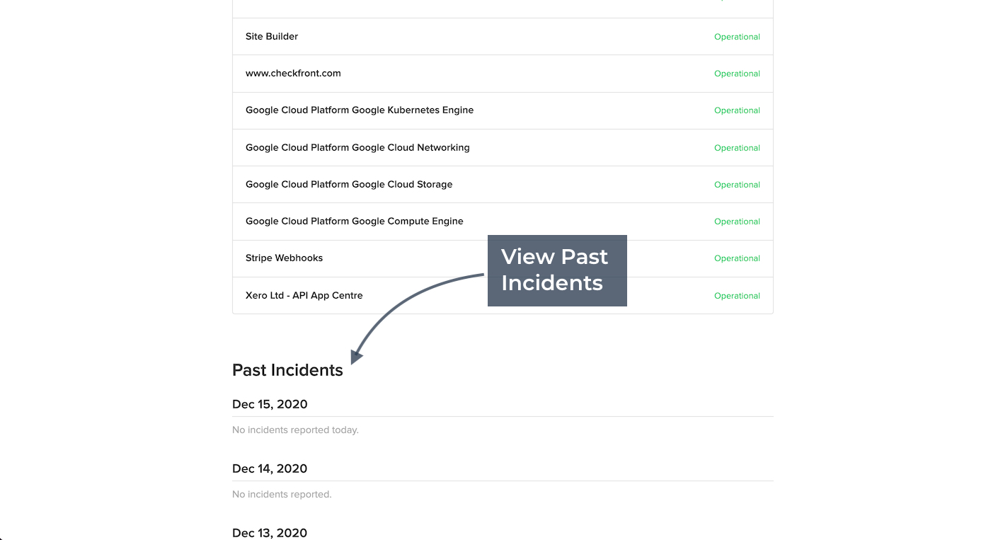 Checkfront status page showing the Past Incidents section highlighted for review.