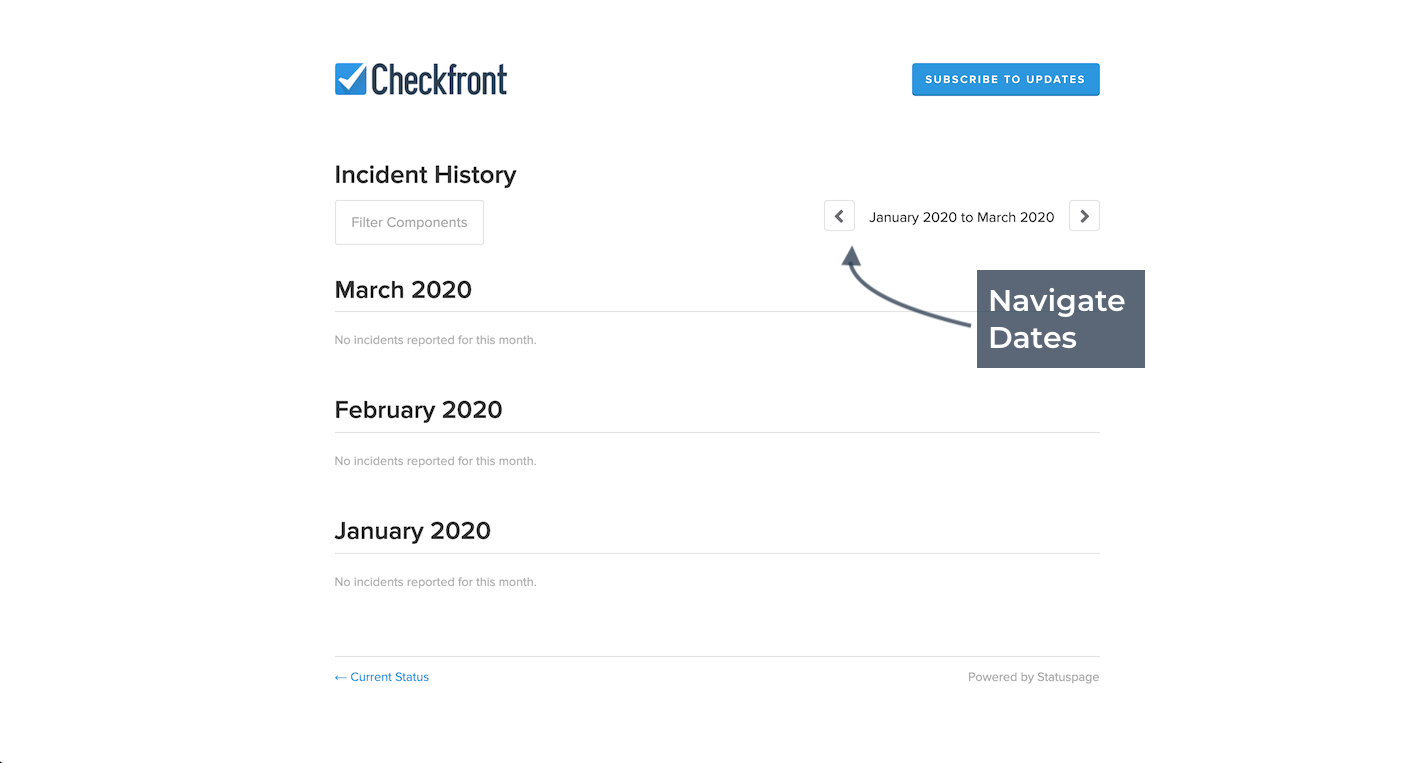 Checkfront incident history screen showing navigation arrows to change date ranges.